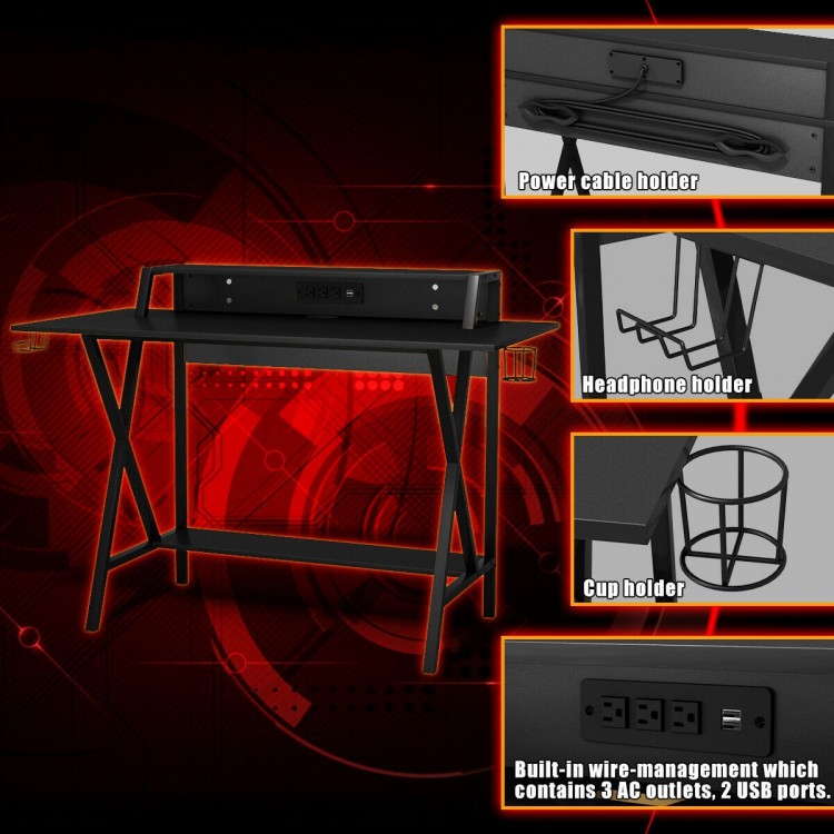 All-in-One Professional Gaming Desk featuring a sturdy metal frame, cup holder, headphone holder, and built-in power.