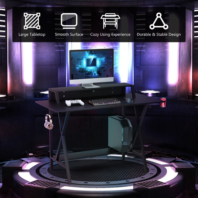 All-in-one professional gaming desk with a spacious surface, cup holder, and headphone holder for enhanced gaming.