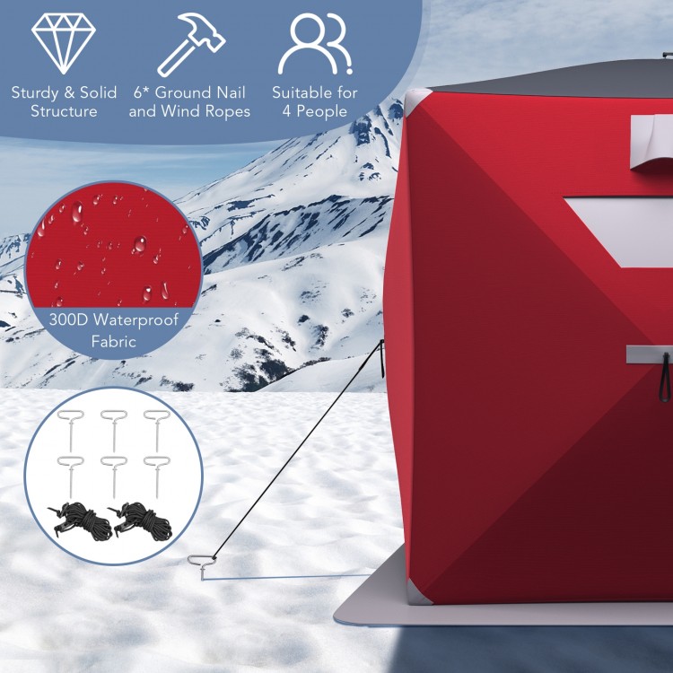 Portable pop-up ice fishing tent for 2 people made of 300D waterproof fabric, featuring detachable windows for.