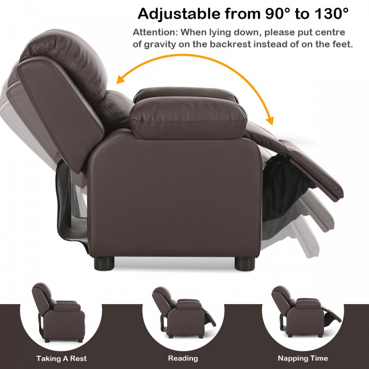 Kids recliner armchair in brown PU leather, adjustable from 90° to 130°, with storage armrest for snacks and books.