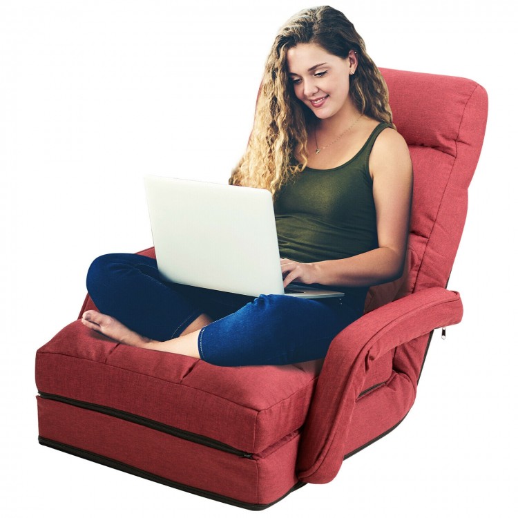 Folding lazy floor chair sofa in red with armrests and pillow, adjustable for comfort in living room or dorm use.