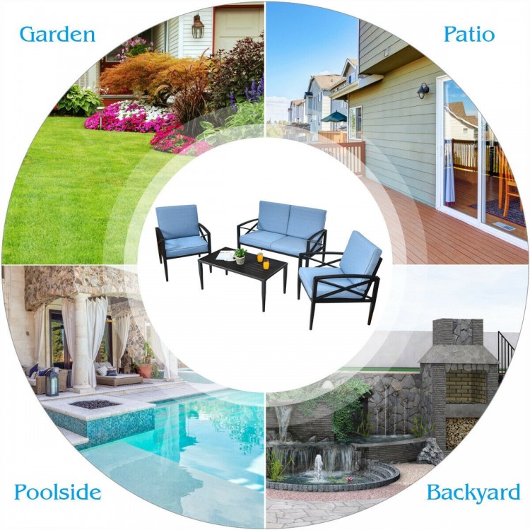 4-piece patio furniture set featuring cushioned loveseat and chairs with aluminum frame, perfect for outdoor relaxation.