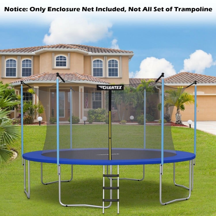 14ft trampoline safety enclosure net with double-headed zipper and buckles for enhanced safety and easy assembly.