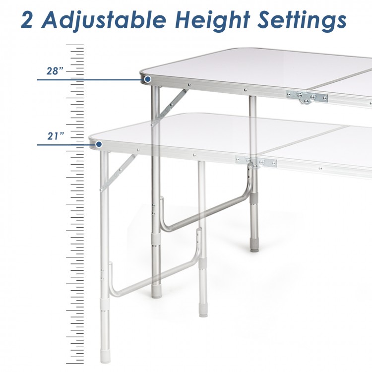 Height adjustable folding camping table showing two height settings, made of premium aluminum for stability and easy.