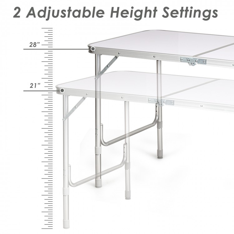 Height adjustable folding camping table showing two height settings, made of premium aluminum and waterproof surface.