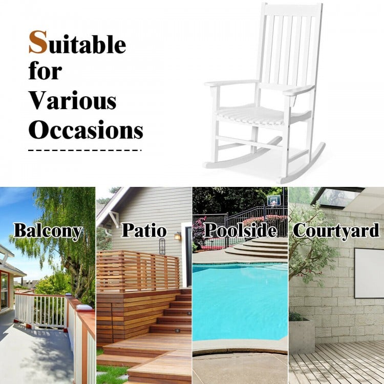 High back white rocking chair made of acacia wood, perfect for outdoor patio and balcony relaxation.