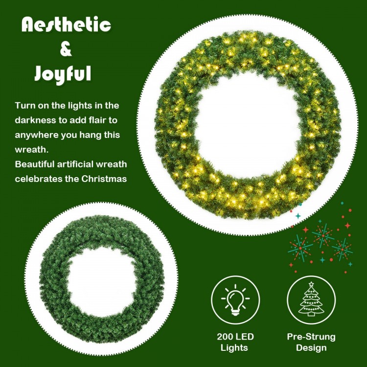 48-inch pre-lit artificial Christmas wreath with 200 warm LED lights, ideal for indoor and outdoor holiday decoration.