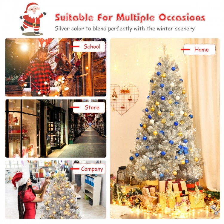 7.5 Ft hinged artificial silver tinsel Christmas tree with 1258 branch tips, perfect for indoor and outdoor holiday.