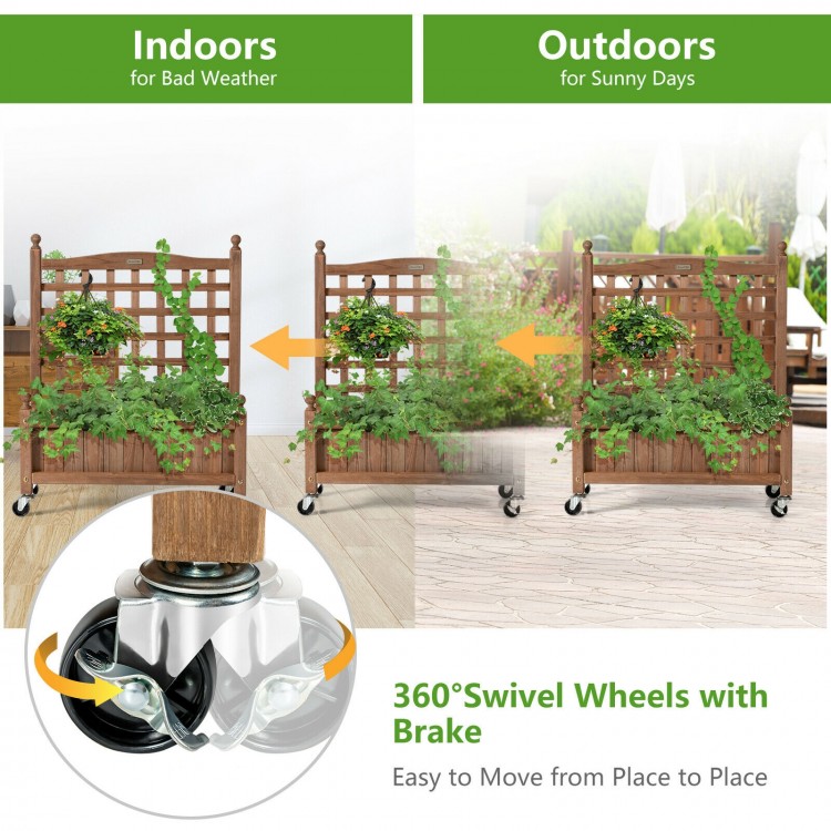 Mobile 32in wood planter box with trellis, featuring 360° swivel wheels, ideal for indoor and outdoor climbing plants.