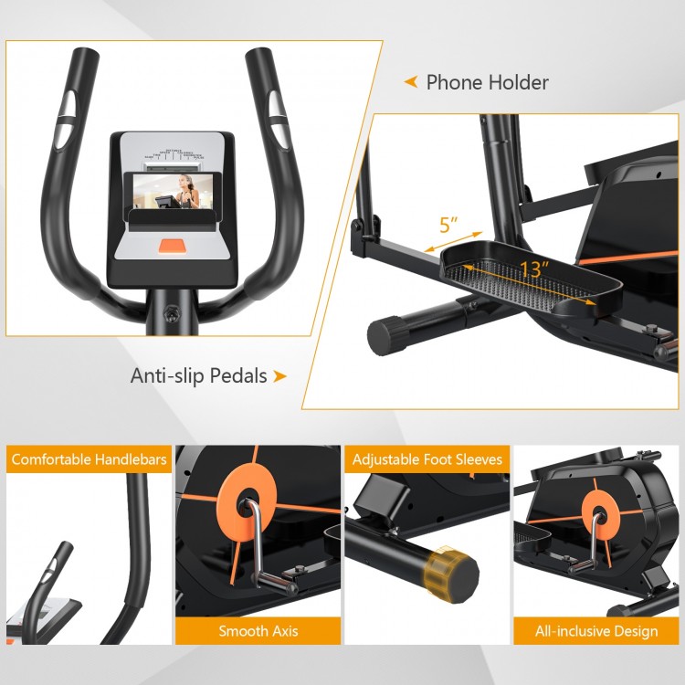 Elliptical exercise machine with LCD monitor, anti-slip pedals, and adjustable foot sleeves for home workouts.