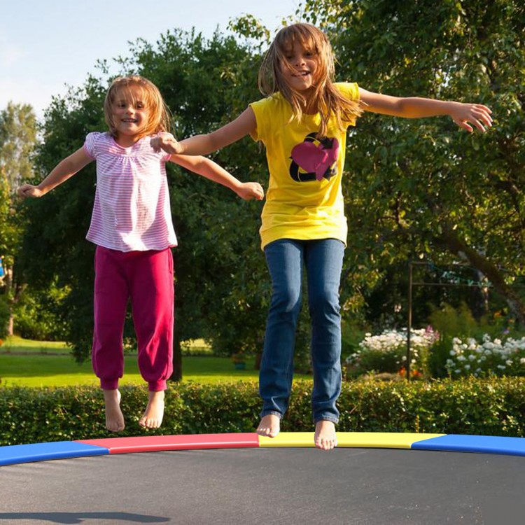 Two children jumping on an 8 feet trampoline with a multicolor safety cover, featuring thick EPE foam padding.