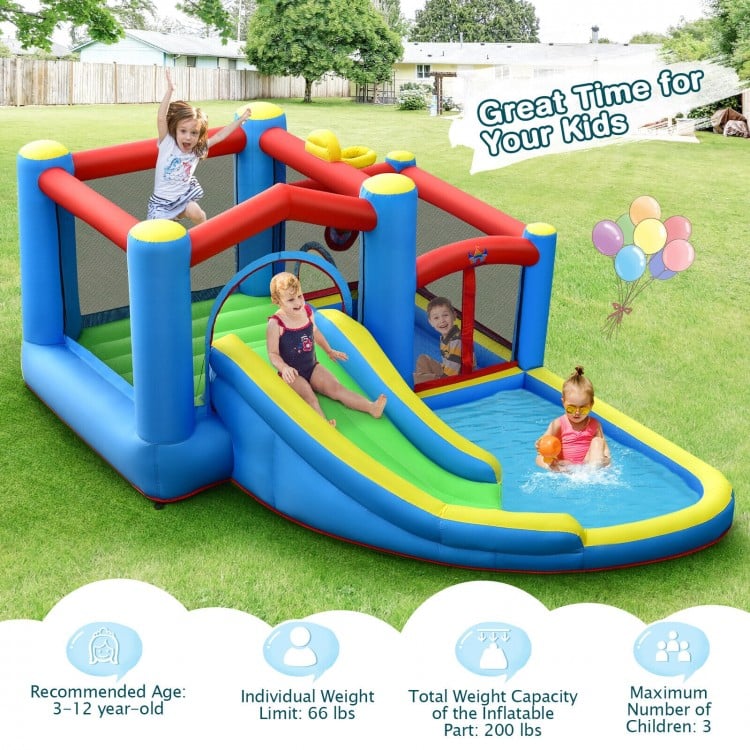 Inflatable kids water slide bounce castle with slide and pool, designed for 3 children aged 3-12 years for outdoor fun.