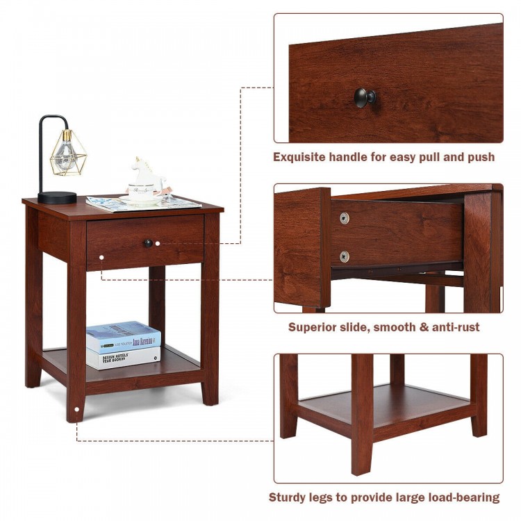 Nightstand with storage shelf and pull handle, made of particleboard, featuring a smooth surface and sturdy legs for.