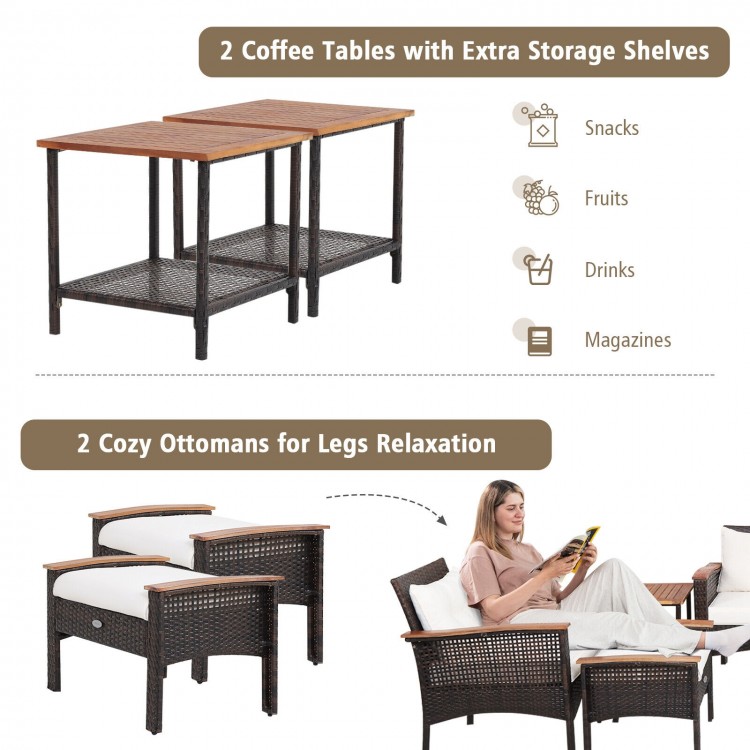Two coffee tables with extra storage shelves in a patio rattan furniture set, ideal for outdoor snacks and drinks.