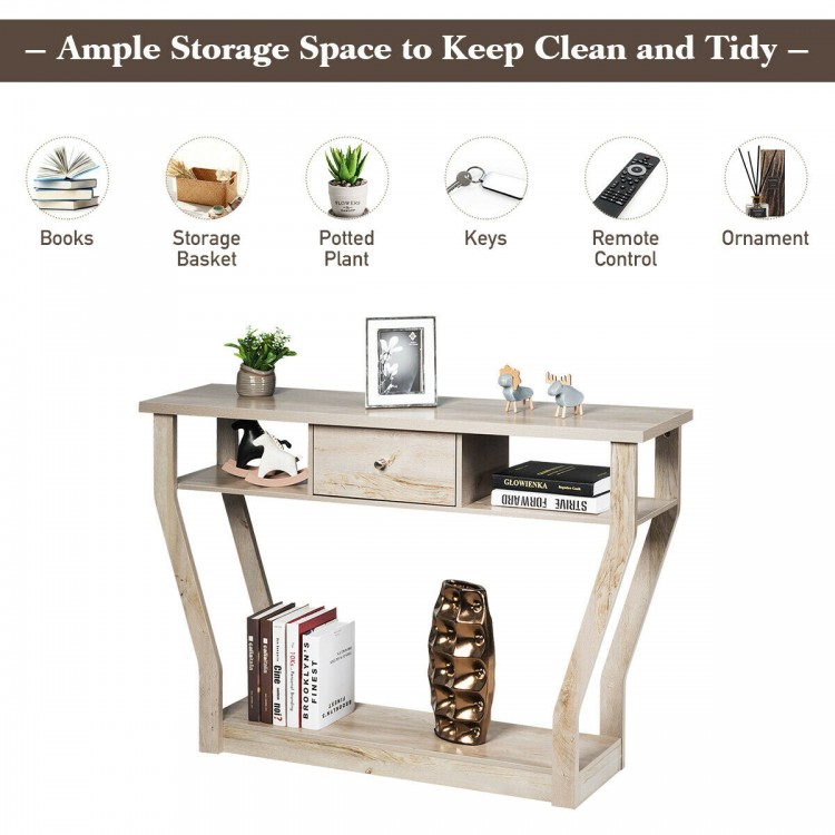 Modern gray sofa accent table with drawer and three-tiered shelves for versatile storage and display in any home decor.