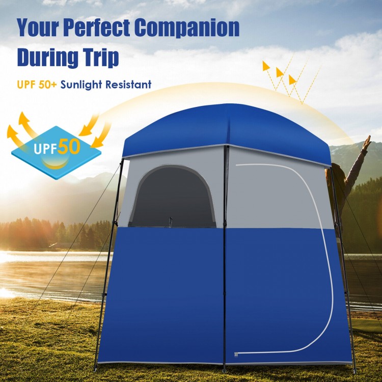 Double-room camping toilet tent in blue, made of waterproof polyester, ideal for outdoor showers and changing clothes.