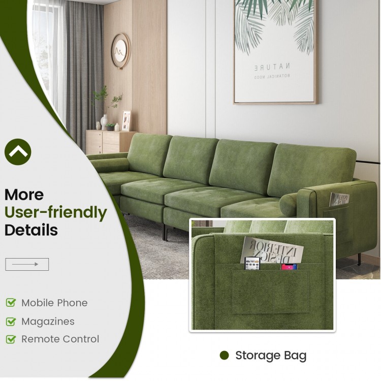 L-shaped 4-seat sectional sofa in army green suede with side pocket, USB ports, and soft back cushions for comfort.
