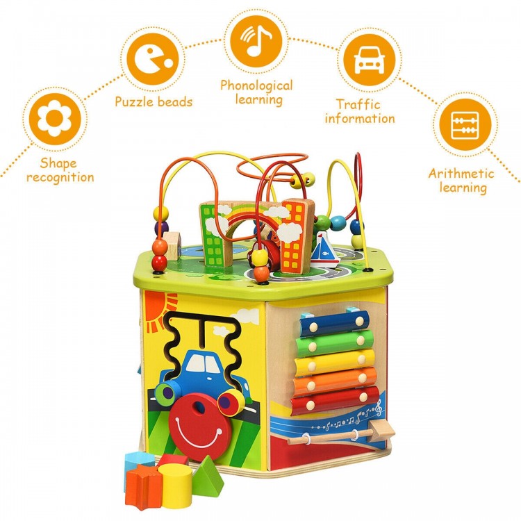 Multifunctional 7-in-1 wooden activity cube toy with colorful designs, promoting shape recognition and cognitive skills.