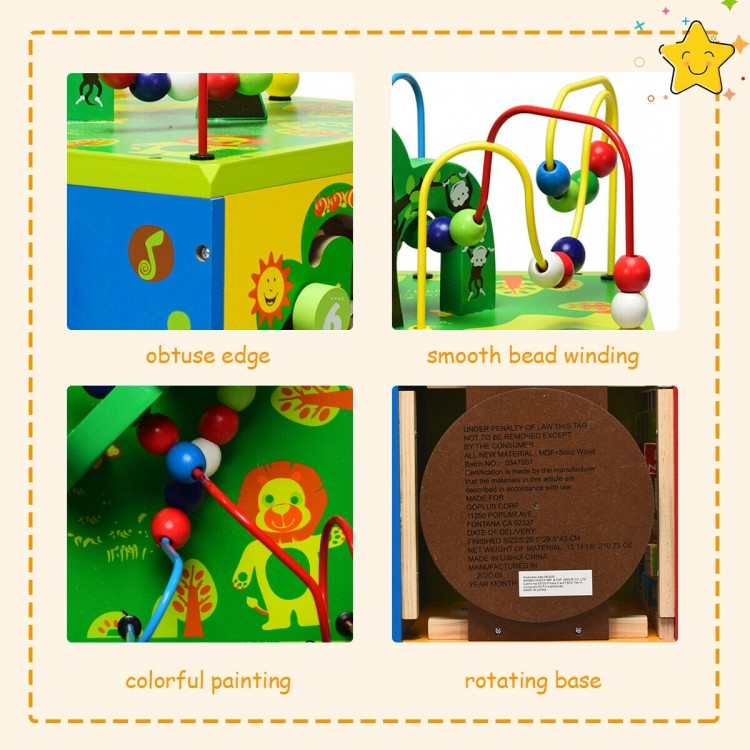 5-in-1 wooden activity cube toy with colorful painting, obtuse edges, and rotating base for safe, engaging play.