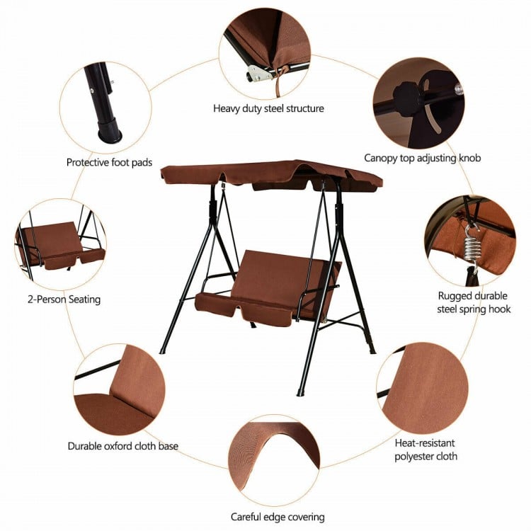 Cushioned loveseat swing glider with a durable steel frame and waterproof canopy, perfect for outdoor relaxation.