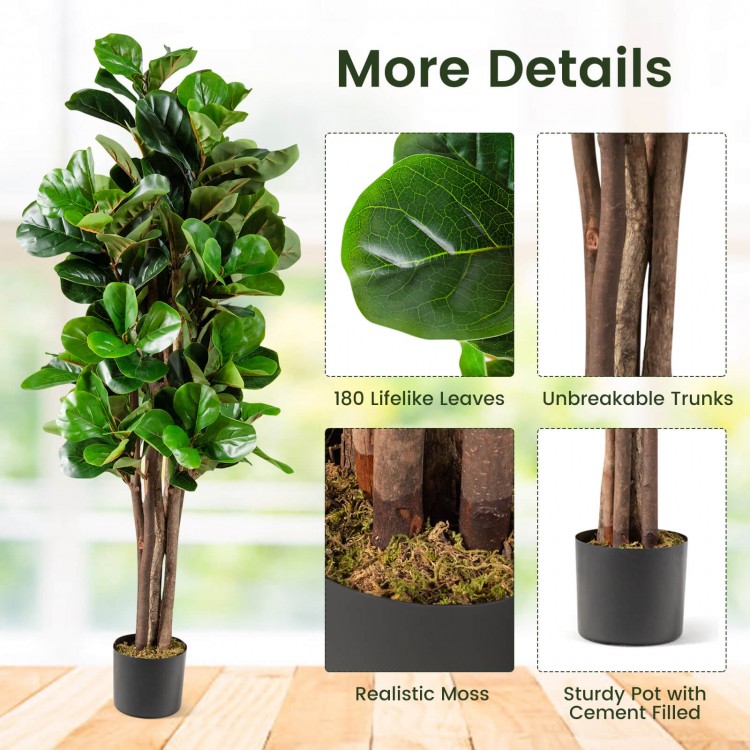 5 feet artificial fiddle leaf fig tree with 180 leaves, realistic moss, and sturdy cement-filled pot for indoor.