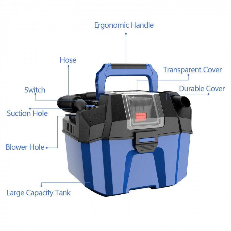 Cordless 18V wet-dry vacuum with ergonomic handle, transparent cover, and large 2.7-gallon tank for versatile cleanup.