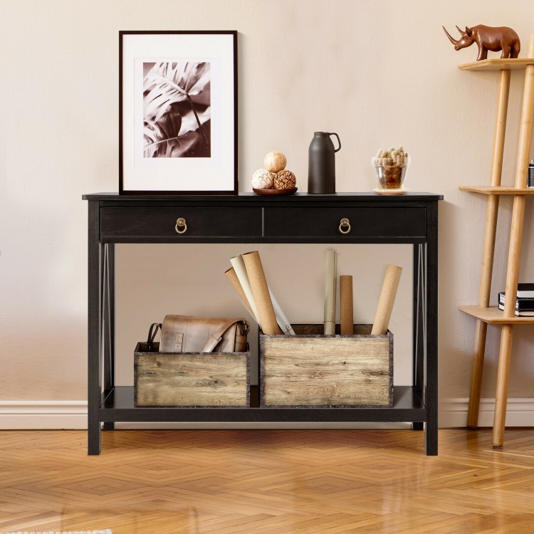Black console table with 2 drawers and open shelf, perfect for entryway or living room storage and decoration.