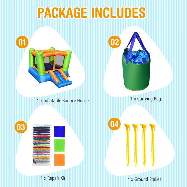 Carrying bag and ground stakes included with kids inflatable bounce house for easy transport and secure setup during.
