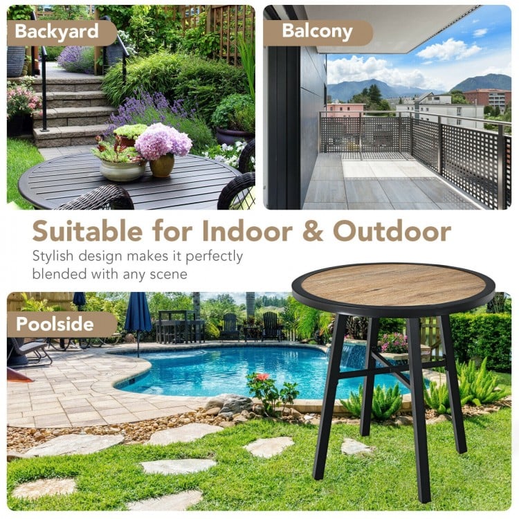 29-inch round patio bistro table with wood-like top, sturdy steel frame, perfect for poolside or balcony use.