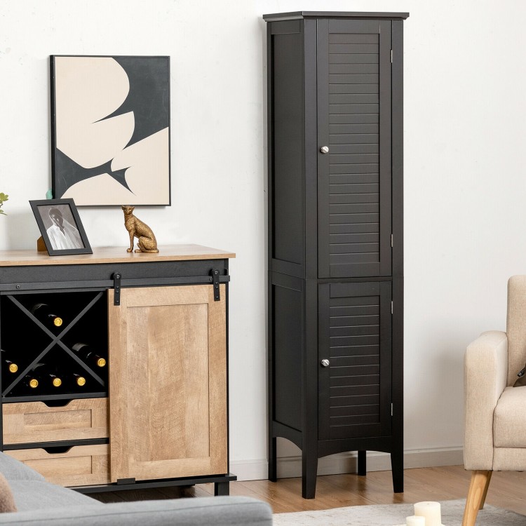 Freestanding black bathroom storage cabinet made of MDF with raised feet, offering compact storage for small spaces.