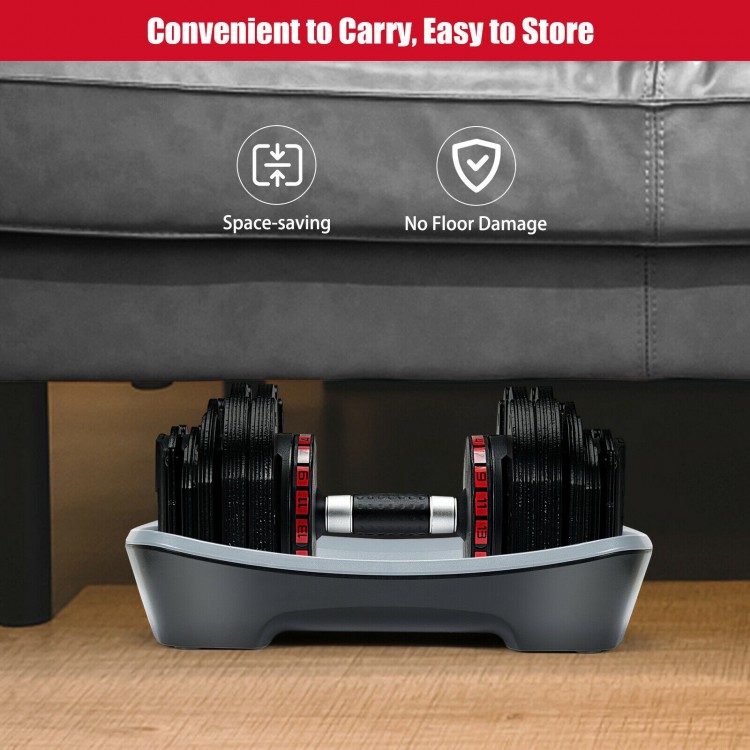 Adjustable 55 lbs dumbbell with 18 weight settings in a compact storage tray, ideal for home or office workouts.