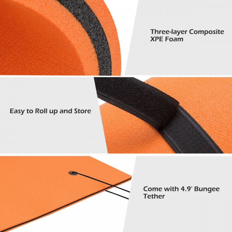 Close-up of the three-layer XPE foam water floating pad, featuring a bungee tether for easy anchoring and storage.