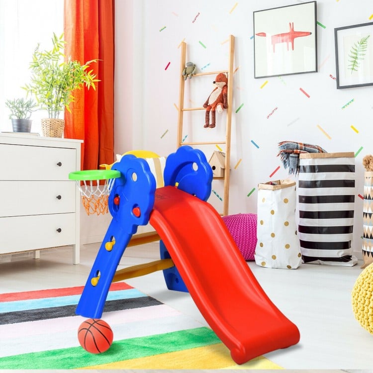 Kids plastic folding slide with basketball hoop, durable HDPE material, safe design for indoor play and physical.