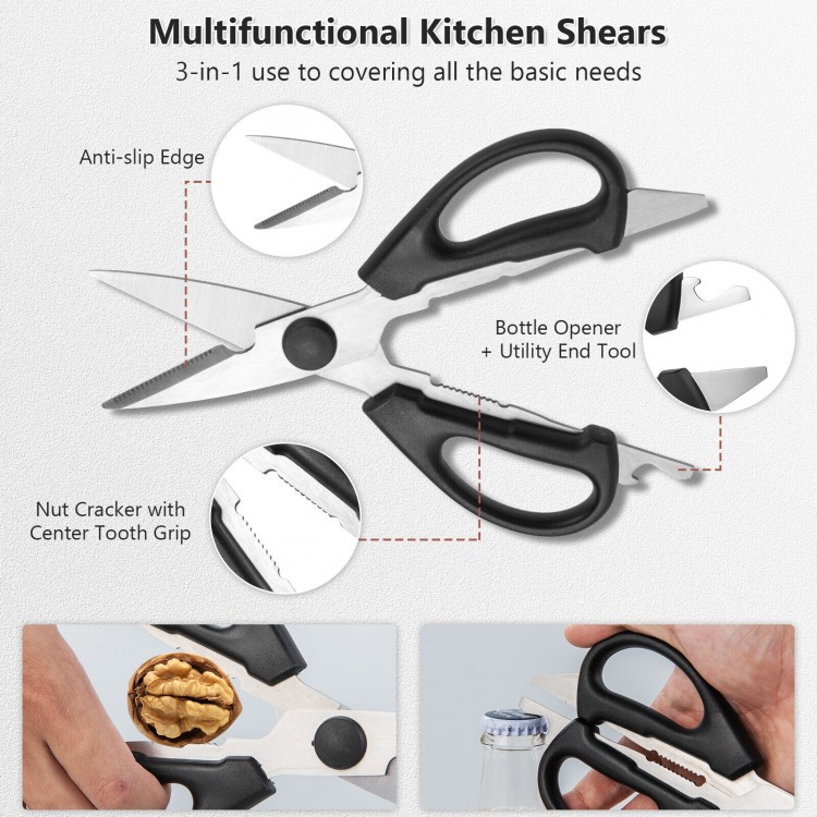 Multifunctional kitchen shears with anti-slip edge, bottle opener, and nut cracker for versatile kitchen tasks.