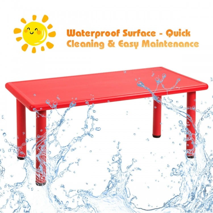 Red kids plastic rectangular learn and play table with waterproof surface, ideal for daycares and outdoor use.