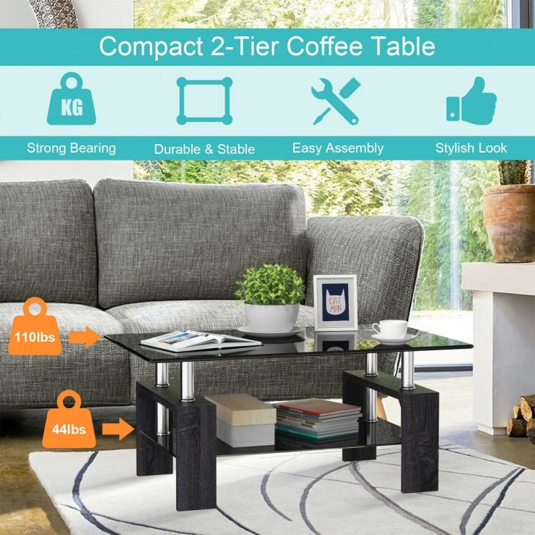 Rectangular tempered glass coffee table with shelf in gray, featuring sleek corners and durable MDF for versatile home.