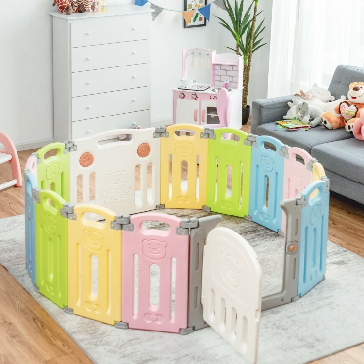 Colorful 14-panel foldable baby playpen made of safe HDPE, featuring a safety lock and educational toys for fun.