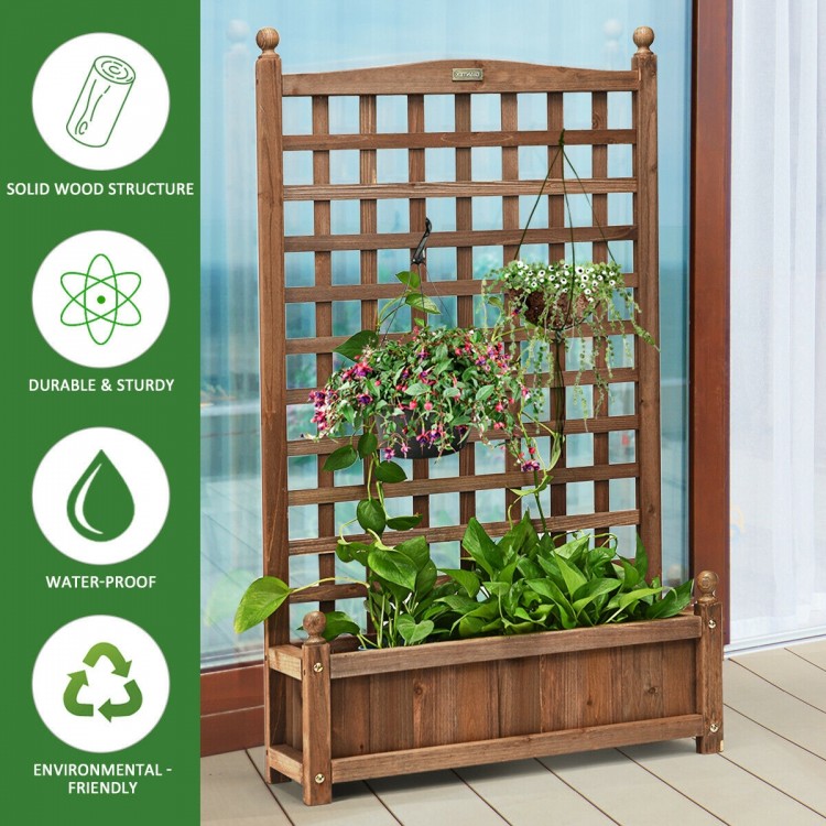 Solid wood trellis planter box with drainage holes, providing support for climbing plants in outdoor spaces like.