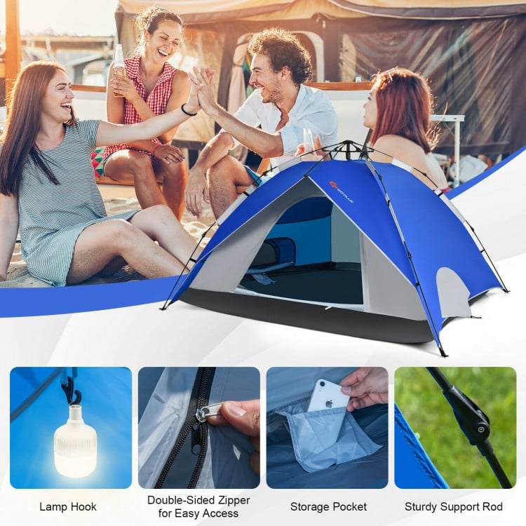 4-person blue pop-up camping tent with double-sided zipper, storage pocket, and sturdy support rod for outdoor.