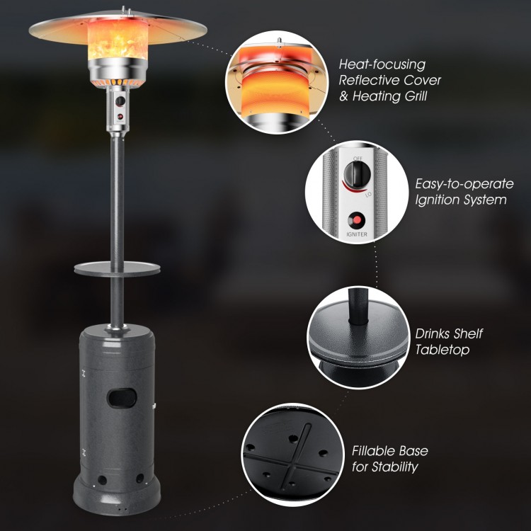 Outdoor propane heater with table and wheels, 87" tall, 48,000 BTU, designed for patio warmth and stability.