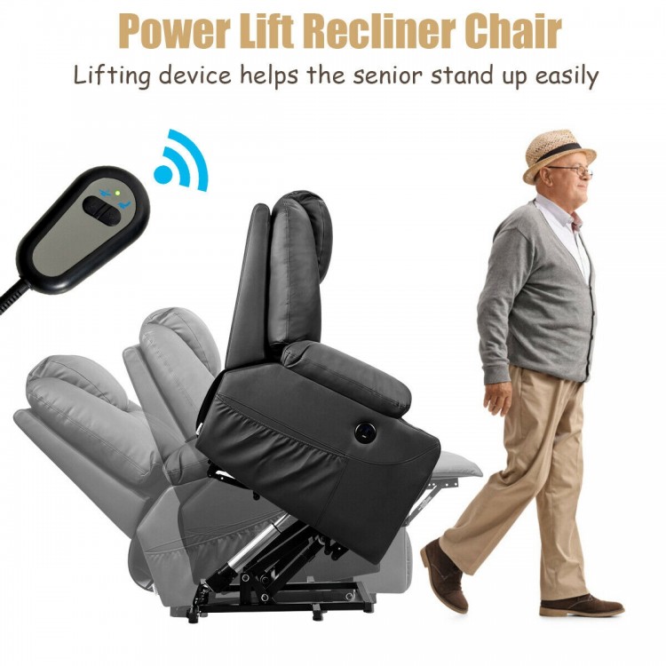Power lift recliner chair in black with massage features, USB port, and side pockets for convenient relaxation.