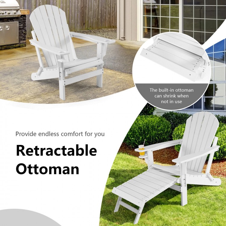 Folding Adirondack chair in white with retractable ottoman, made of HDPE for outdoor comfort and durability.