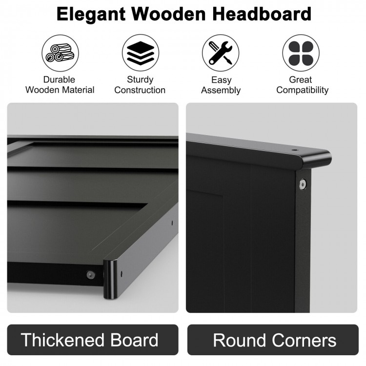 Flat panel black wooden headboard with round corners, pre-drilled holes, and height adjustment for full-size bed frames.