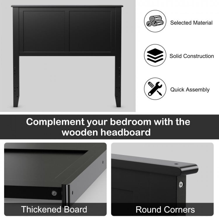 Solid wood flat panel headboard in black for twin-size bed, featuring thickened board and adjustable height for modern.