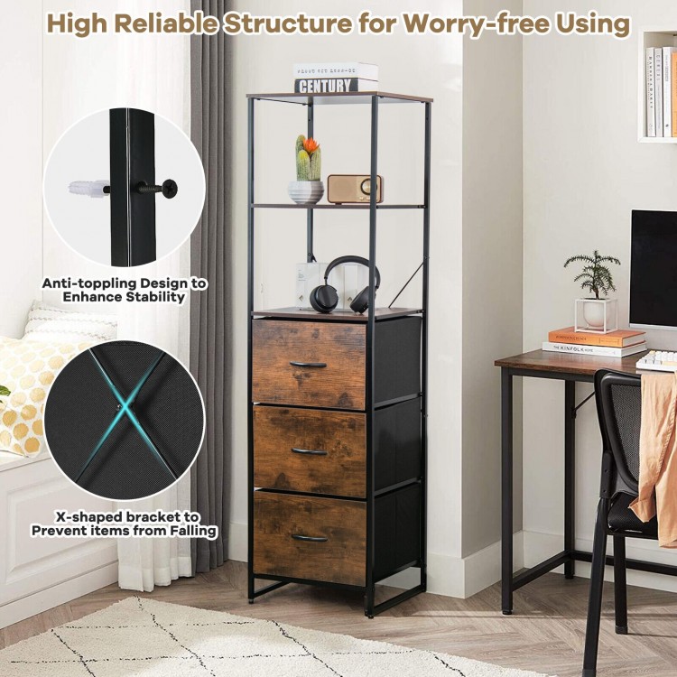 Freestanding vertical 3-drawer dresser in rustic brown with 3 shelves, featuring a sturdy steel frame for stability.
