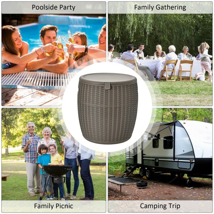 Brown 9.5-gallon patio rattan cool bar, versatile as an ice bucket, coffee table, or storage box for outdoor gatherings.