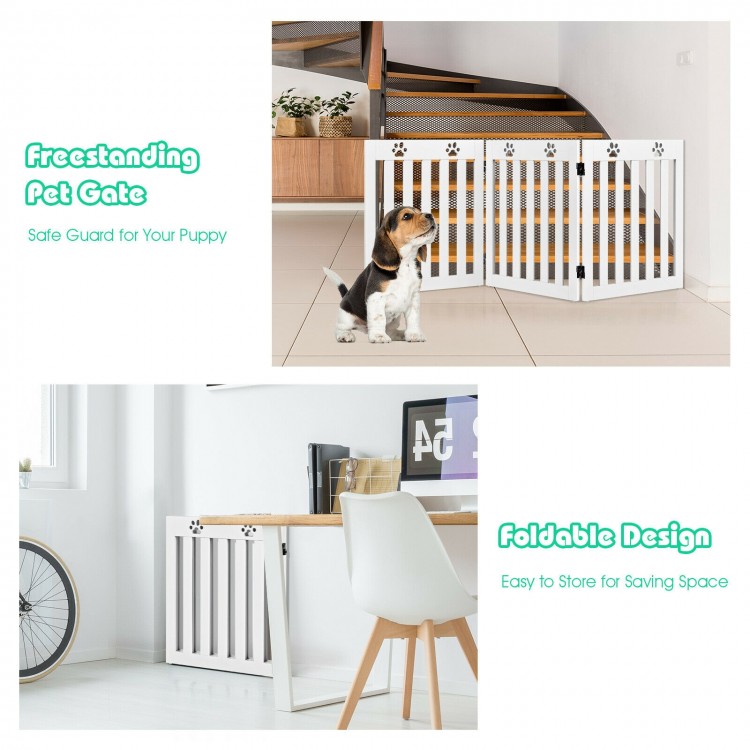Freestanding wooden pet gate in white, 24 inches high, foldable design for easy storage and suitable for various spaces.