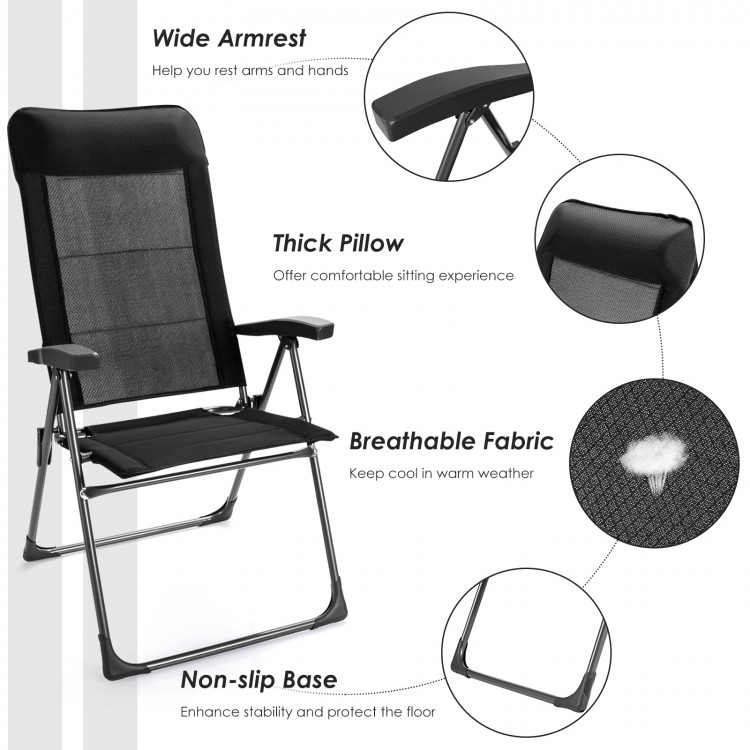 Portable black patio folding chair with adjustable headrest and breathable fabric, perfect for outdoor dining and.