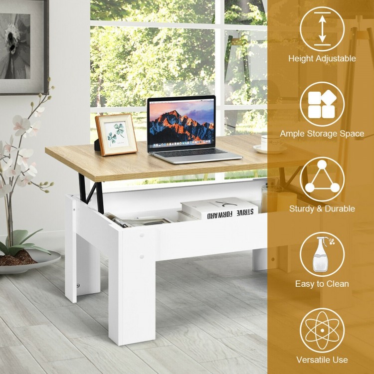 Lift top coffee table in white with adjustable height, ample storage, and sturdy MDF construction for versatile home.