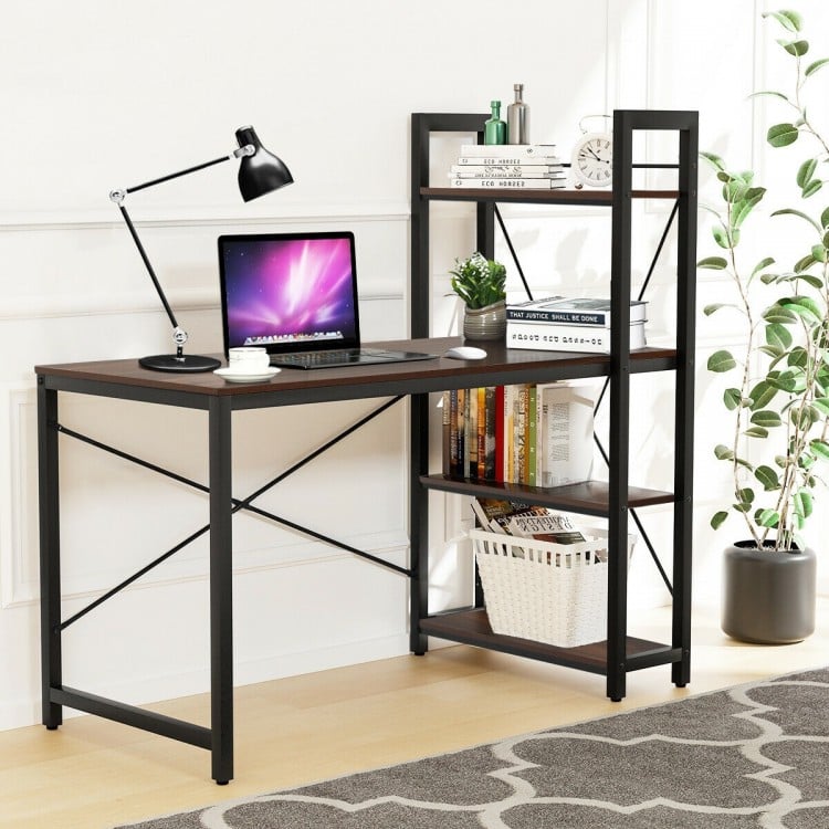 Compact 47.5-inch writing desk with 4-tier shelves, adjustable legs, and X-shape iron frame for stability and storage.